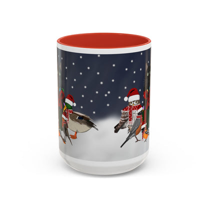 Robin Oriole Mallard Owl and Cat with Christmas Hat and Scarf Snow Bird Coffee Mug