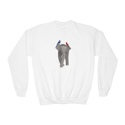 Elephant with Blue Jay and Cardinal Bird Youth Crewneck Sweatshirt