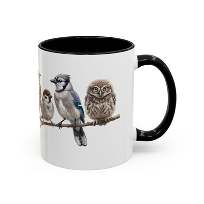 Blue Jay Cardinal Bluebird Little Owl Fledglings Two-Tone Mug | Spring Bird Lover Gift