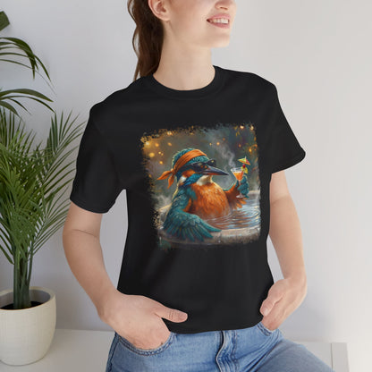 Funny Kingfisher T-Shirt | Bird with Sunglasses & Drink | Unisex Summer Tee