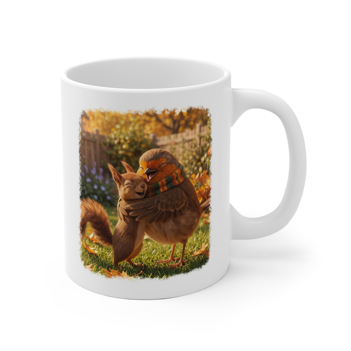Weiße Keramiktasse mit Rotkehlchen Rosi und Eichhörnchen bei einer Umarmung im Garten – süßer Kaffeebecher für Vogelfreunde und beste Freundin
