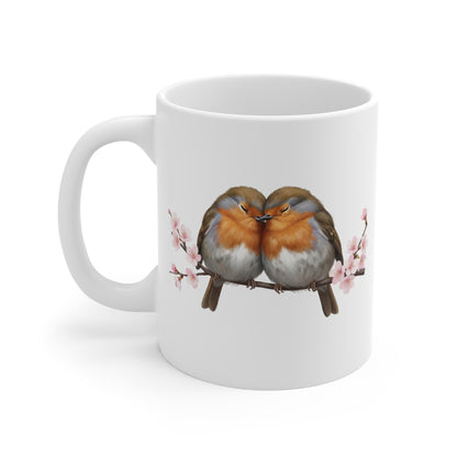 "Lovebirds" Coffee Mug – Cuddling Robins & Cherry Blossoms Valentine's Day Gift