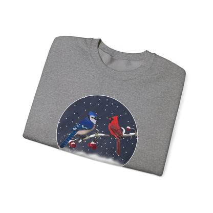 Blue Jay and Cardinal on a Winter Branch Christmas Bird Sweatshirt