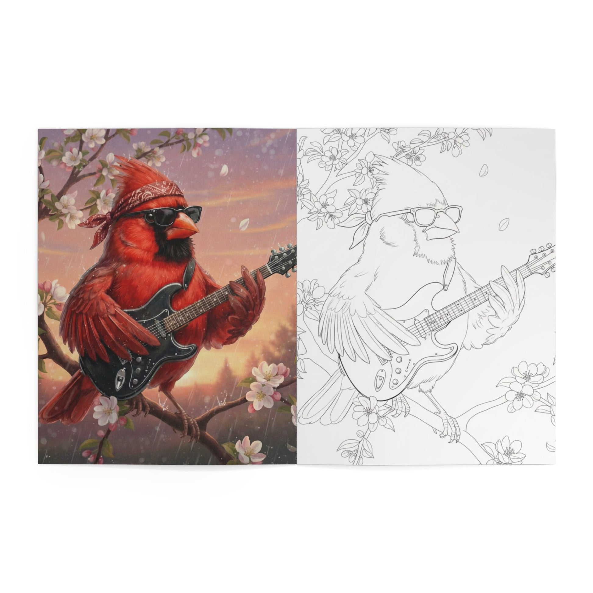 Colorful illustration of a cardinal playing guitar with a line art version on the right.