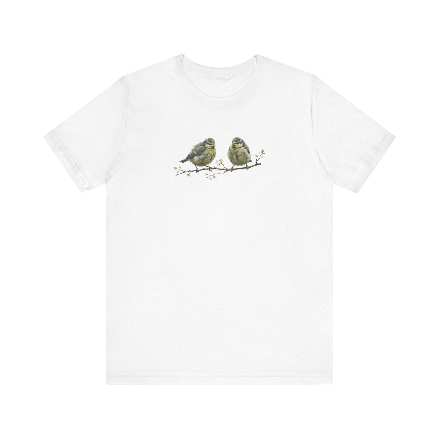 Blue Titmouse Fledgling T-Shirt | Spring Blossoms Unisex Graphic Tee for Bird Watchers