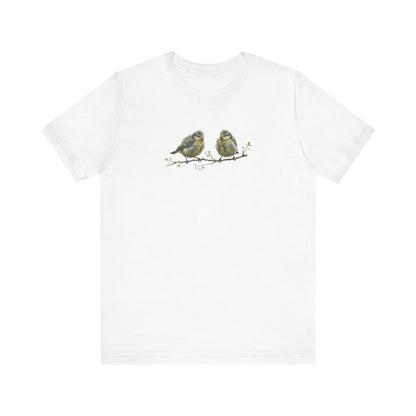 Blue Titmouse Fledgling T-Shirt | Spring Blossoms Unisex Graphic Tee for Bird Watchers