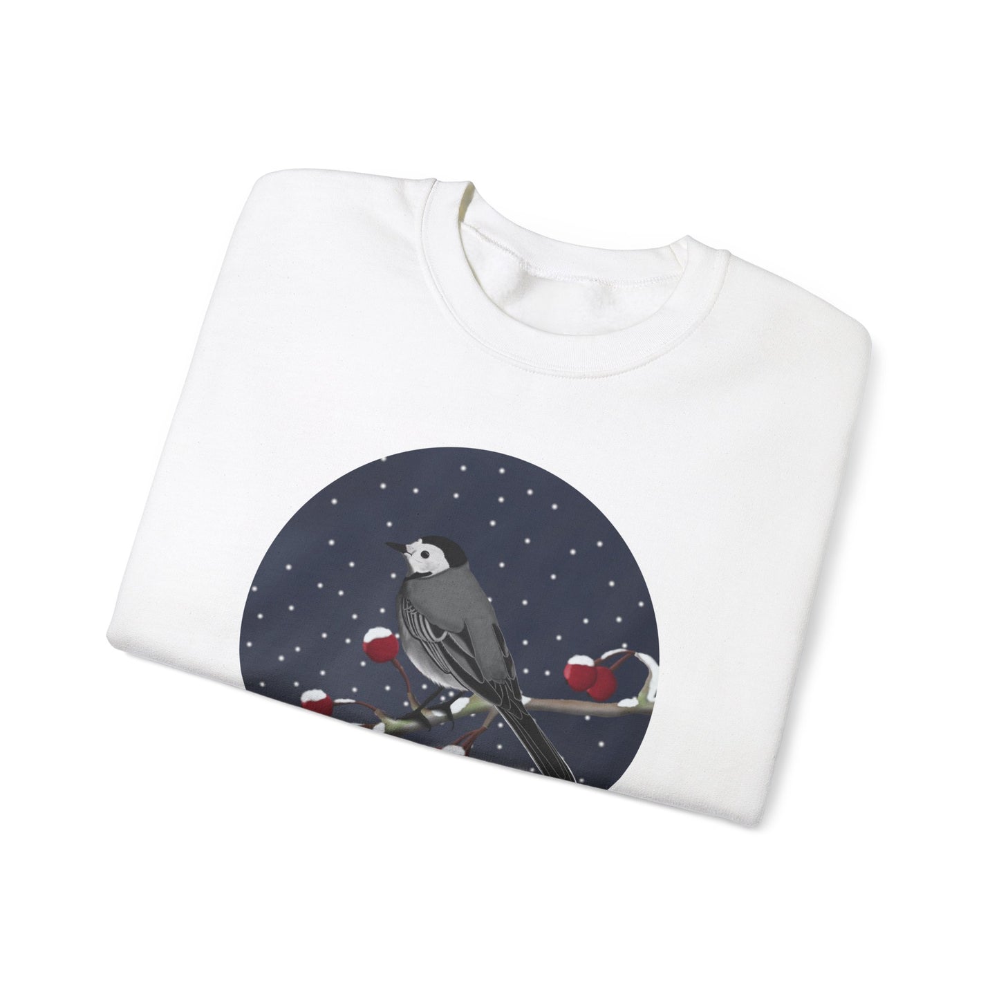 White Wagtail on a Winter Branch Birdwatcher Christmas Bird Sweatshirt