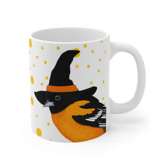 Baltimore Oriole with Witch Hat Halloween Bird Mug 11oz