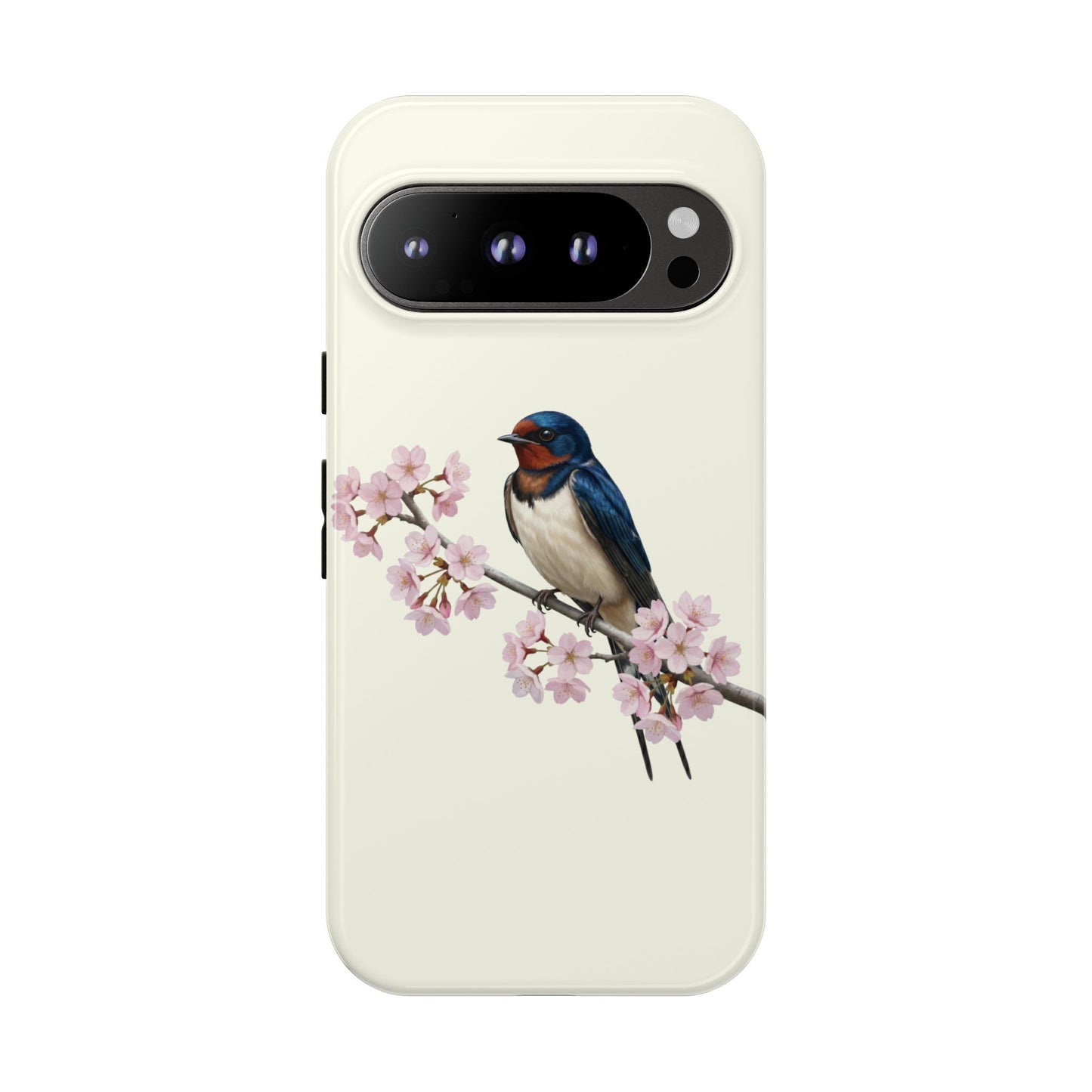 Rauchschwalbe Handyhülle in Cremeweiß | Florales Kirschblüten Vogel-Motiv für iPhone & Google Pixel
