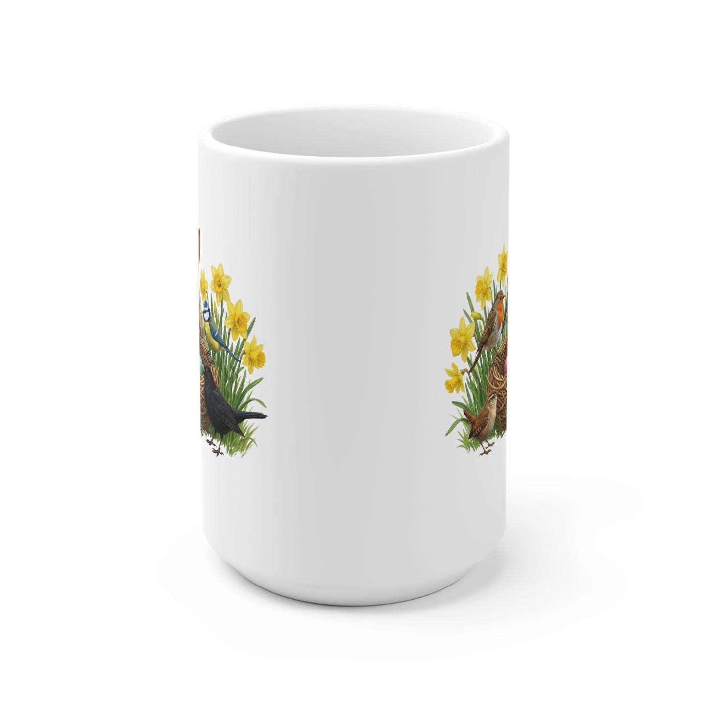 Kaninchen Rotkehlchen Amsel am Nest mit Osterglocken Tasse - Oster-Geschenk für Vogelfreunde