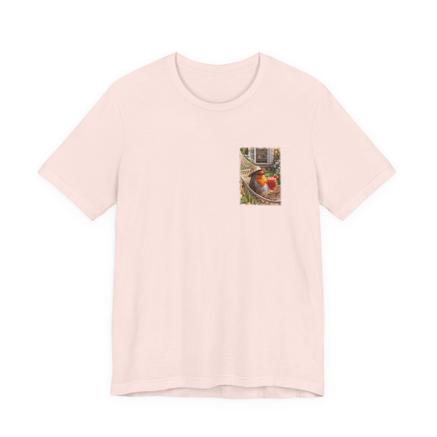 Rosi Rotkehlchen T-Shirt in der Hängematte für Vogelbeobachter und Gartenfreunde