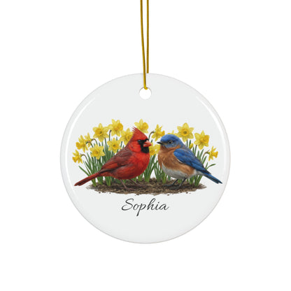 Personalized Cardinal and Bluebird — Custom Name Ceramic Easter Basket Tag & Ornament