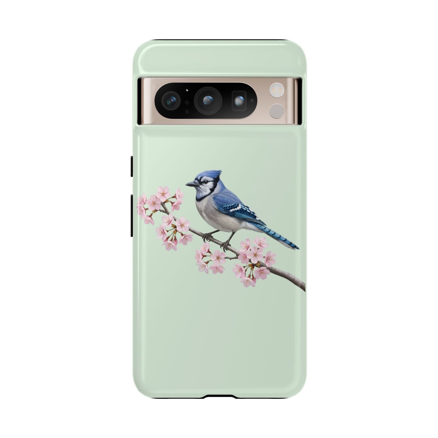 Blauhäher Handyhülle in Salbeigrün | Florales Kirschblüten Vogel-Motiv für iPhone & Google Pixel