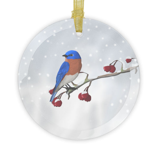 Bluebird Snow Bird Christmas Glass Ornament