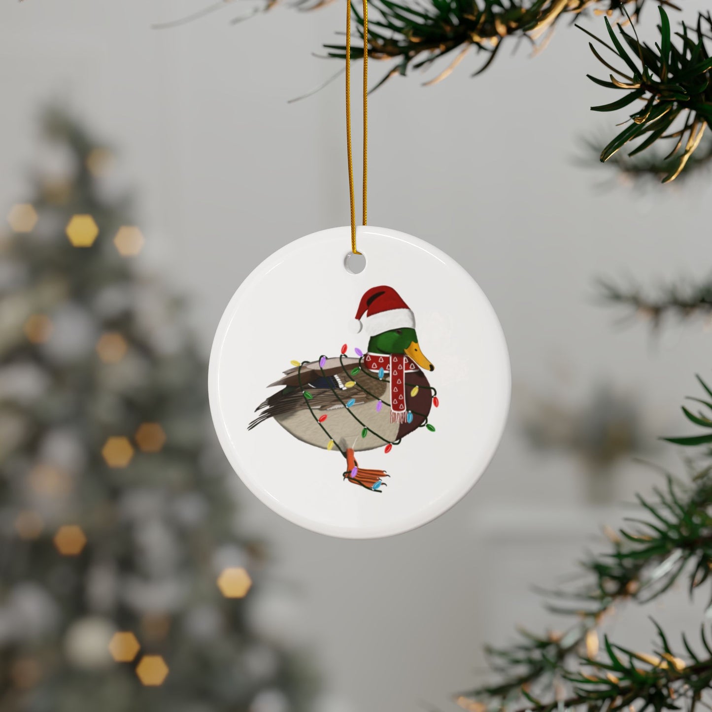 Mallard as Santa Ceramic Bird Christmas Ornament | Durable Double-Sided Bird Lover Decor