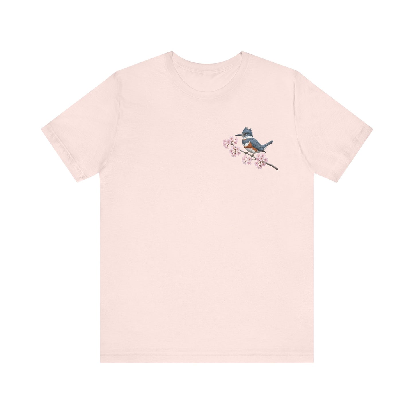 Belted Kingfisher Cherry Blossom T-Shirt | Floral Spring Tee for Bird Lovers