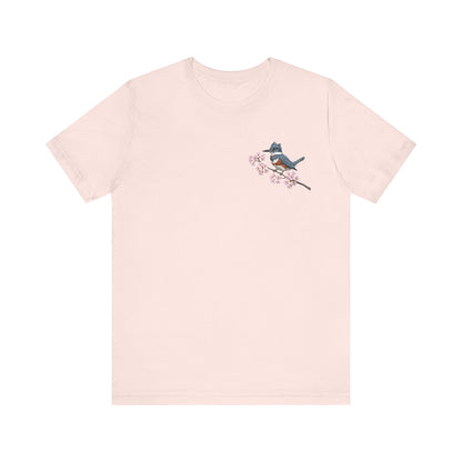 Belted Kingfisher Cherry Blossom T-Shirt | Floral Spring Tee for Bird Lovers