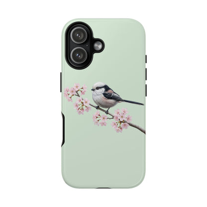 Schwanzmeise Handyhülle in Salbeigrün | Florales Kirschblüten Vogel-Motiv für iPhone & Google Pixel