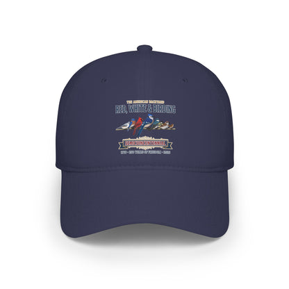 Red, White & Birding Branch Baseball Cap | Cardinal Blue Jay Bluebird 250th Anniversary Edition | jz.birds