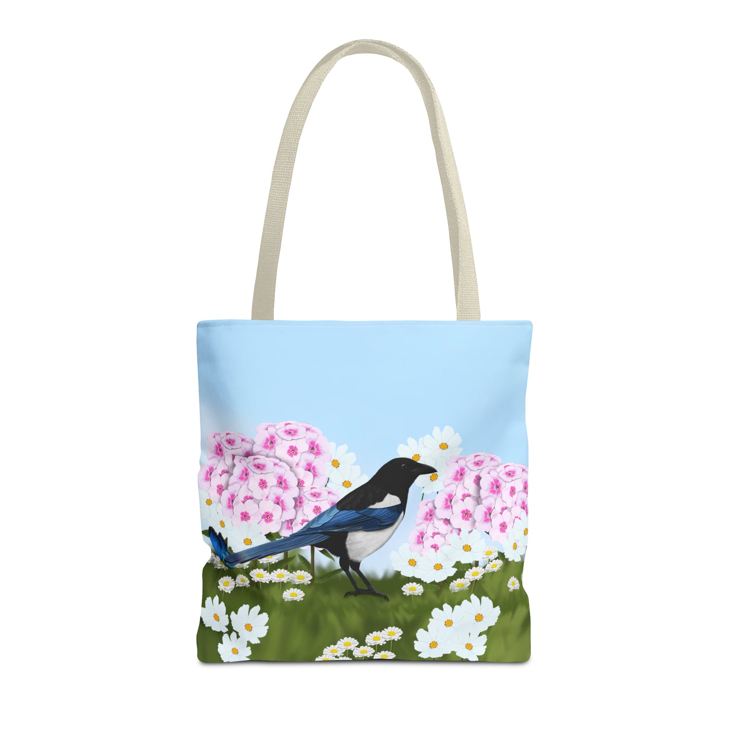 Magpie in Summer Flowers Bird Tote Bag 16"x16"