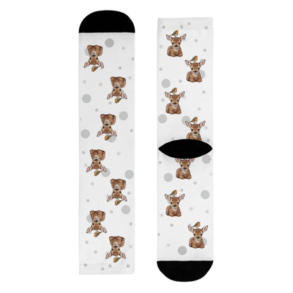 Rotkehlchen Socken mit Rehkitz Vogelsocken mit Tiermotiven Graue Punkte