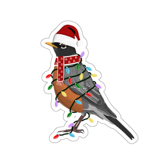 Robin with Fairy Lights Santa Claus Hat and Scarf Christmas Bird Sticker