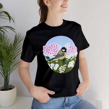 Chickadee and Summer Flowers Bird Tee
