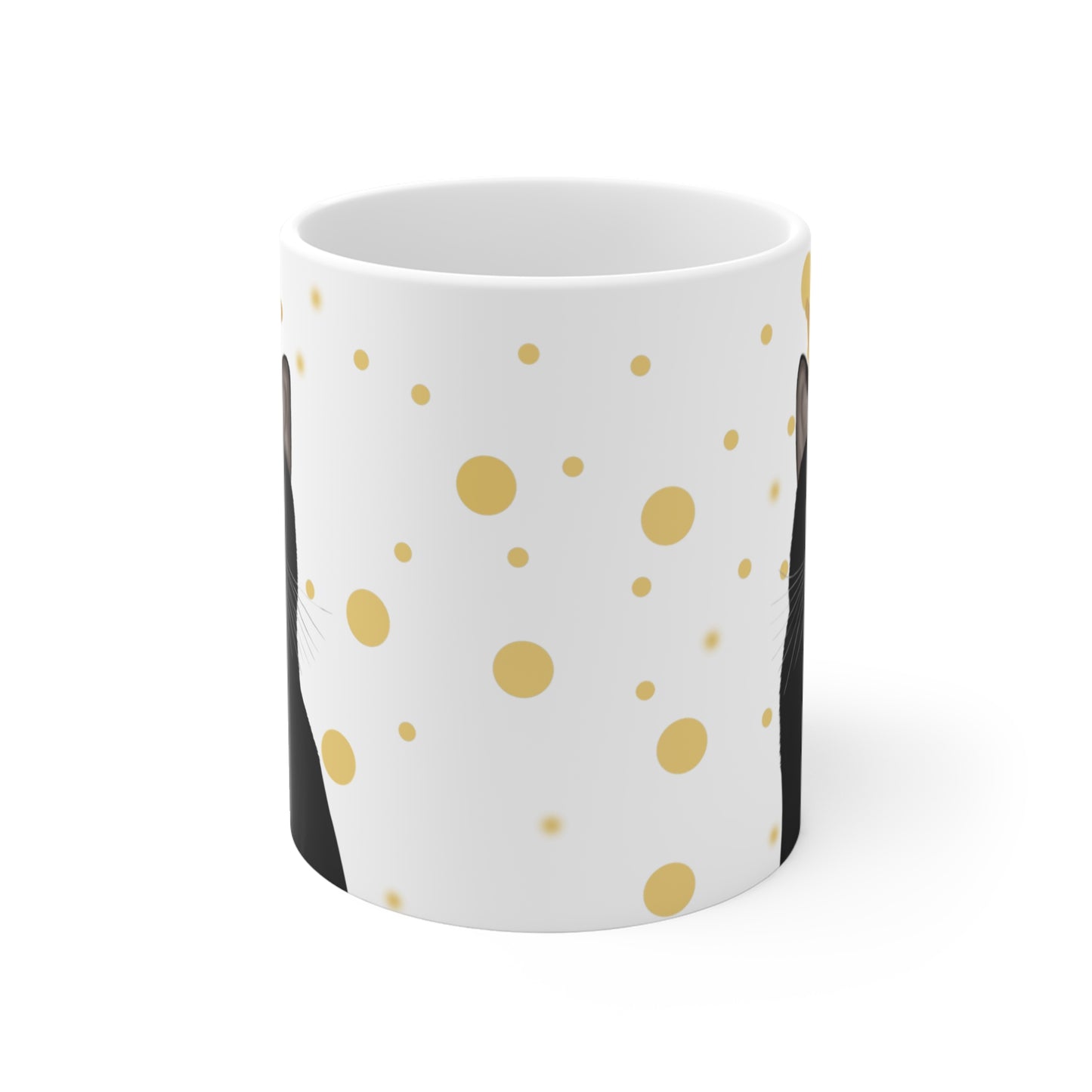 Black Cat with Crown Cat Lover Ceramic Mug White Golden Dots