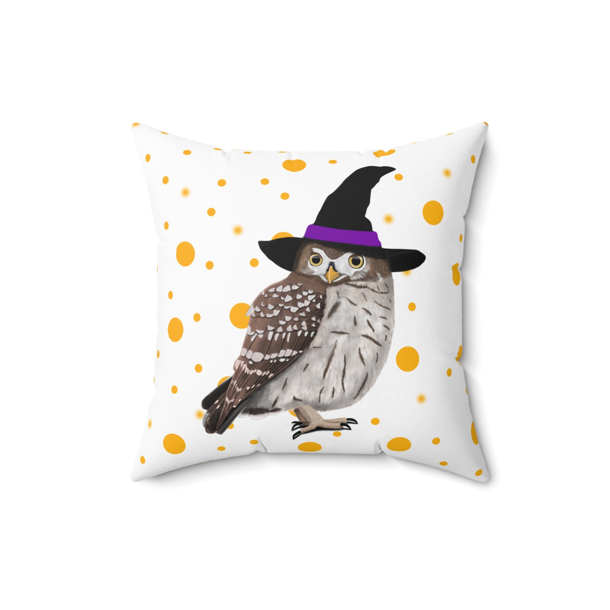 Owl Halloween Bird Throw Pillow White 16"x16" Orange Dots