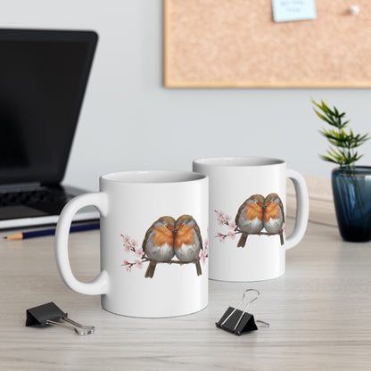 "Lovebirds" Coffee Mug – Cuddling Robins & Cherry Blossoms Valentine's Day Gift