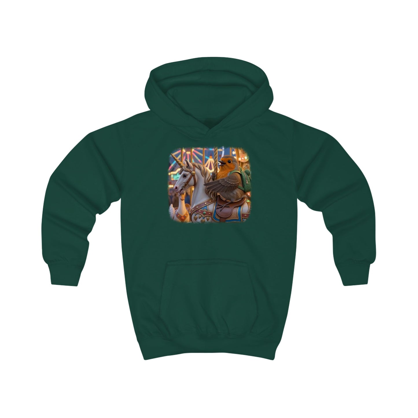 Kuscheliger Kinder Hoodie Rosi Rotkehlchen & das Karussell-Einhorn