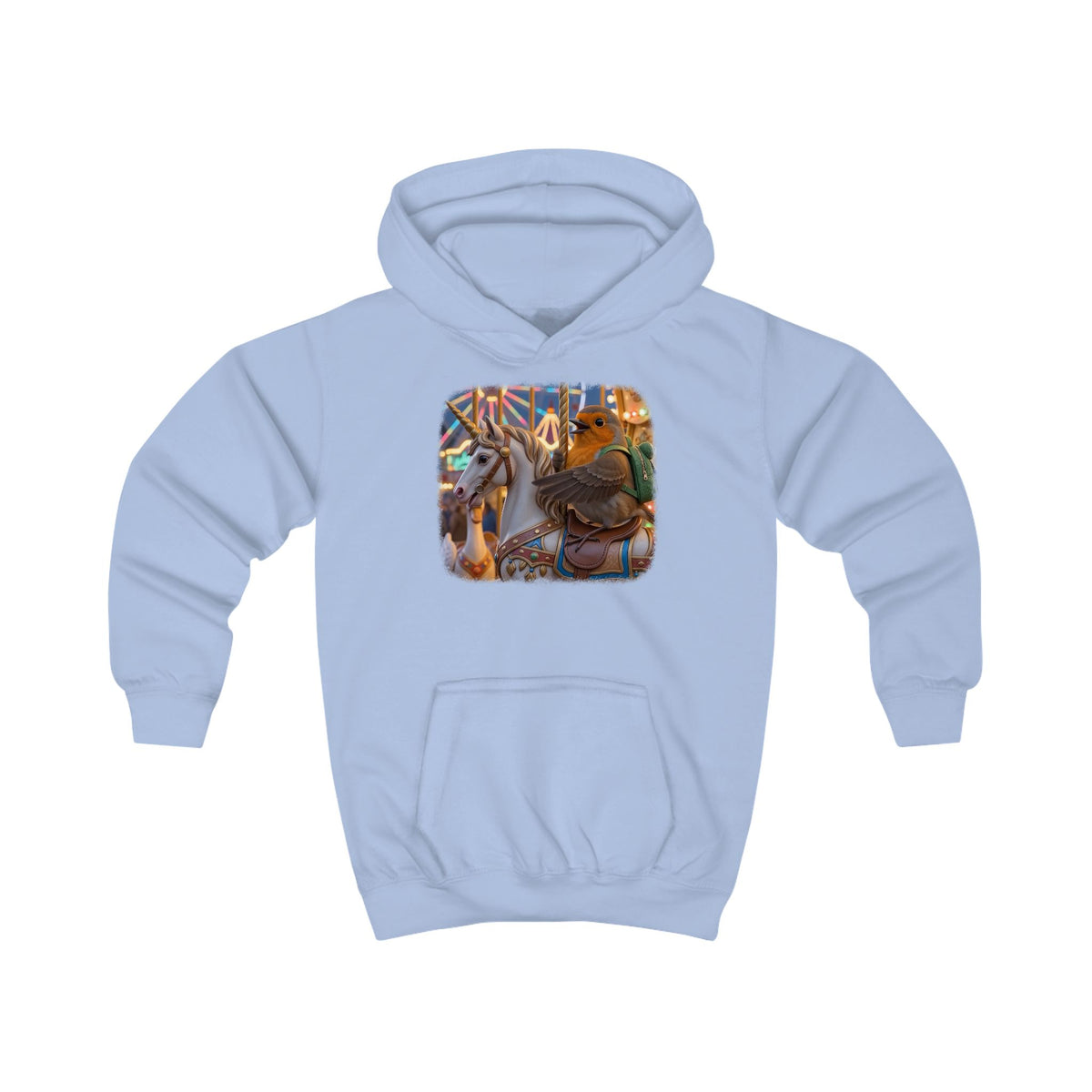 Kuscheliger Kinder Hoodie Rosi Rotkehlchen & das Karussell-Einhorn