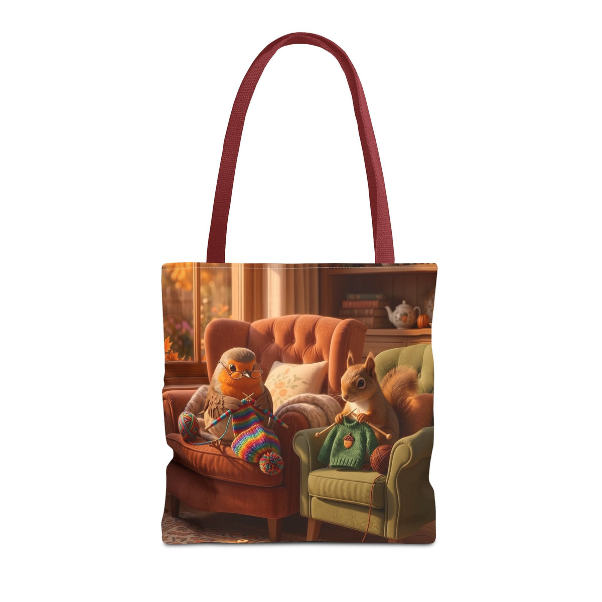 Tragetasche Gemütlicher Stricknachmittag – Rosi Rotkehlchen & Eichhörnchen All-Over-Print Stoffbeutel