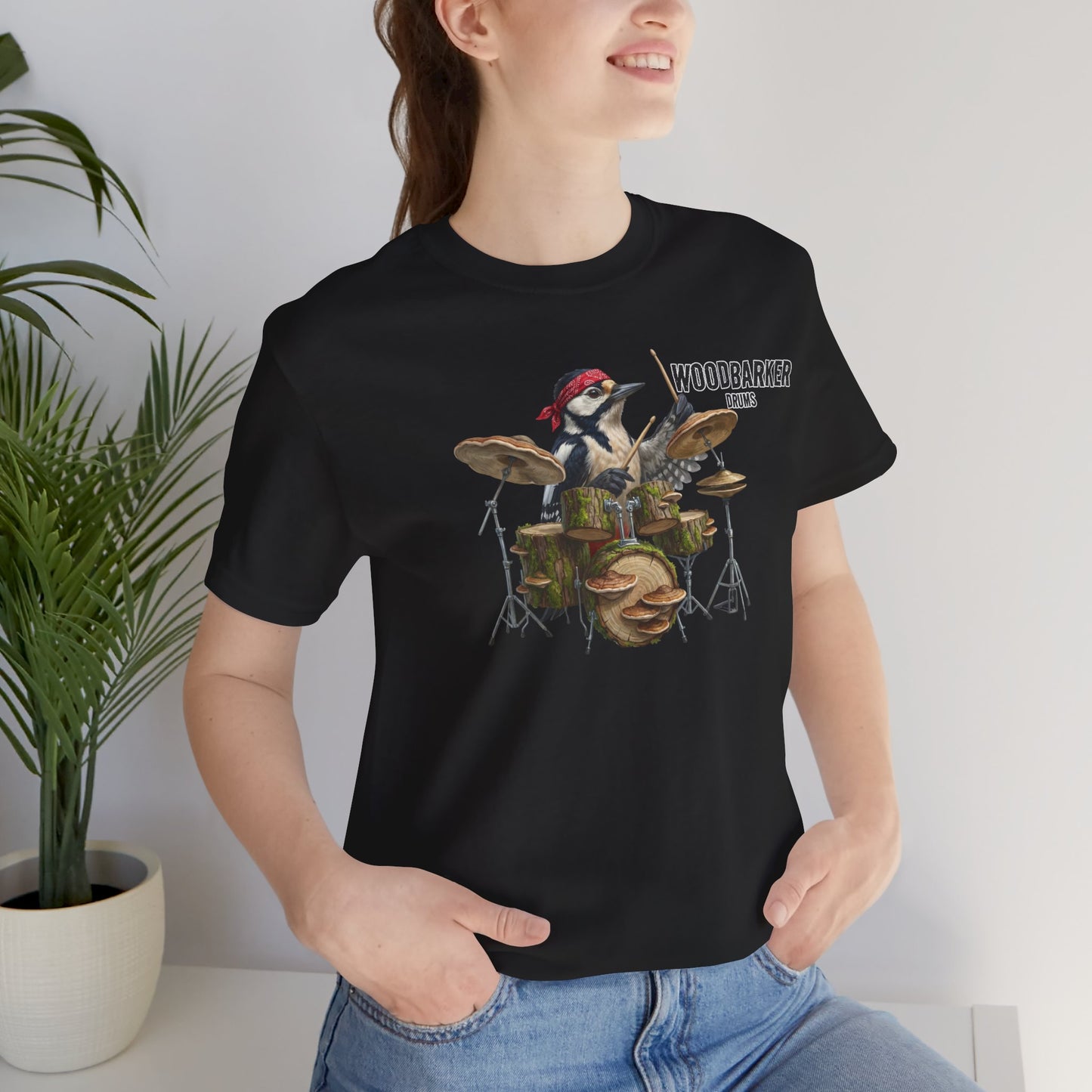The Woodbarker Graphic Tee – Woodpecker Drummer – Funny Rock Band Bird Shirt
