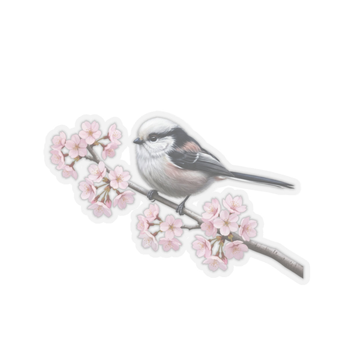 Long Tailed Titmouse Cherry Blossom Sticker | Glossy Floral Bird Decal Spring Laptop Stickers on background