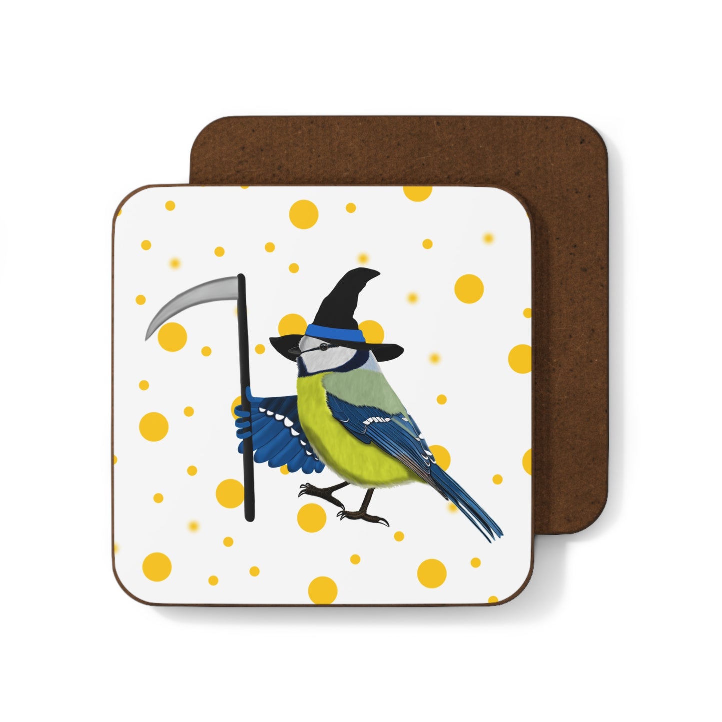 Blue Titmouse Orange Dots Halloween Bird Hardboard Coaster