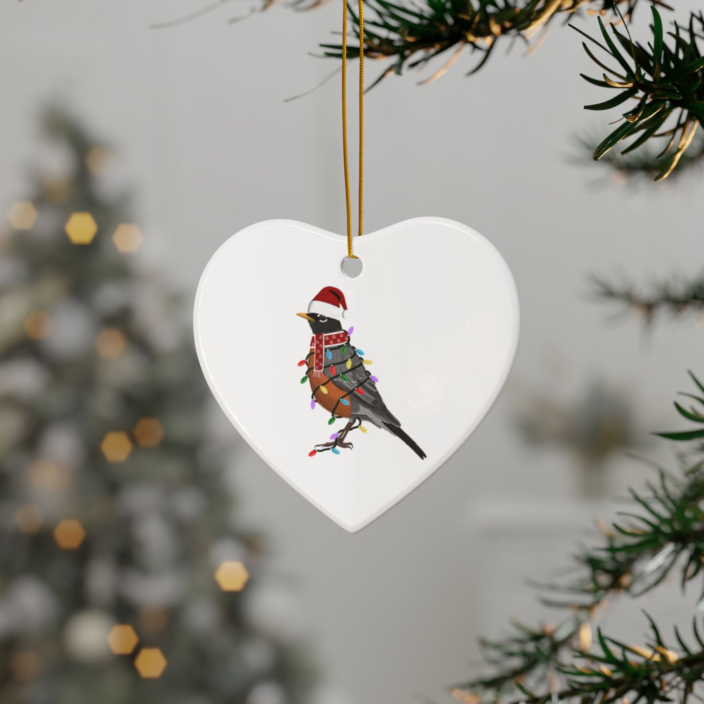 American Robin as Santa Ceramic Bird Christmas Ornament | Durable Double-Sided Bird Lover Decor