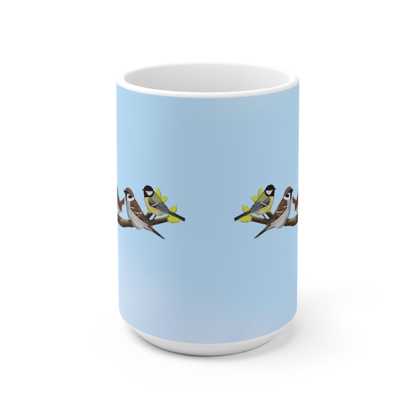 Vögel auf einem Ast Tasse Amsel Rotkehlchen Blaumeise Zaunkönig Spatz Kohlmeise Blau
