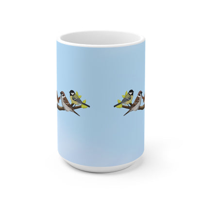 Vögel auf einem Ast Tasse Amsel Rotkehlchen Blaumeise Zaunkönig Spatz Kohlmeise Blau