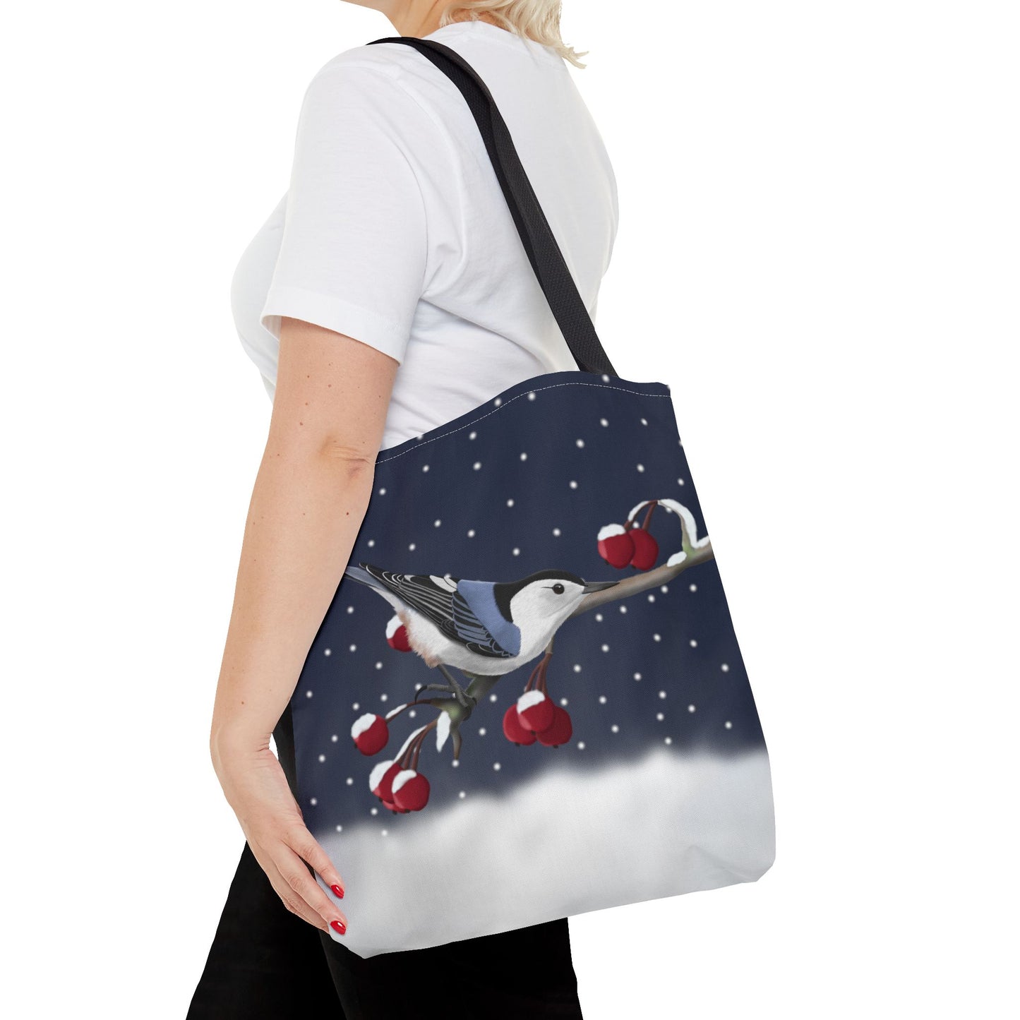 Nuthatch on a Winter Branch Christmas Bird Tote Bag 16"x16"