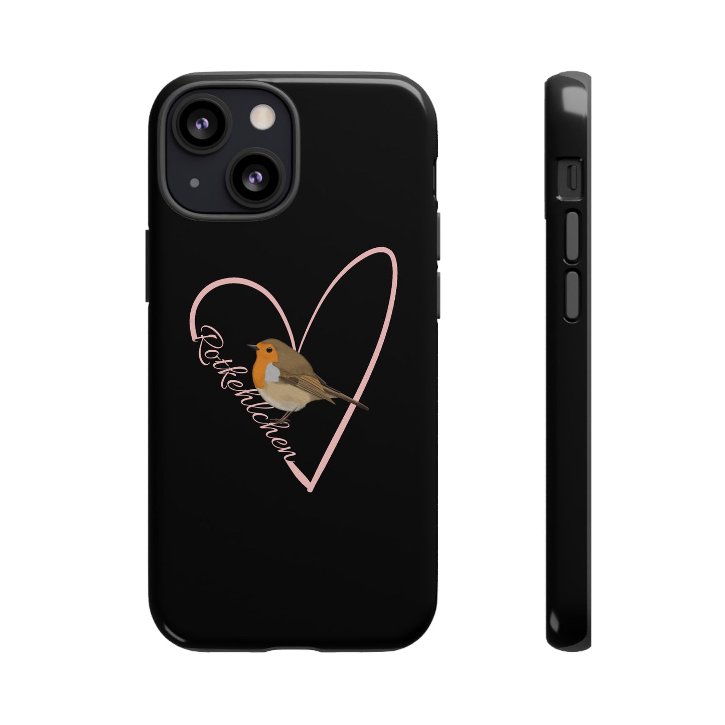 Rotkehlchen mit Herz Premium Handyhülle – Doppelt Geschützt & Rundum Bedruckt Schwarz