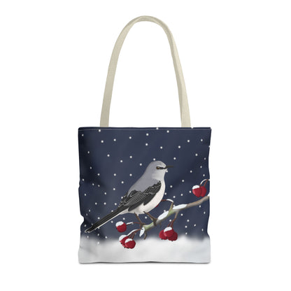 Mockingbird on a Winter Branch Christmas Bird Tote Bag 16"x16"