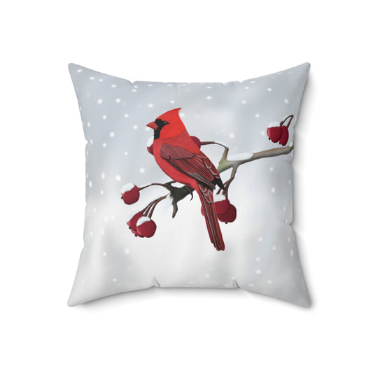 Cardinal on a Winter Branch Bird Throw Pillow 18"x18"
