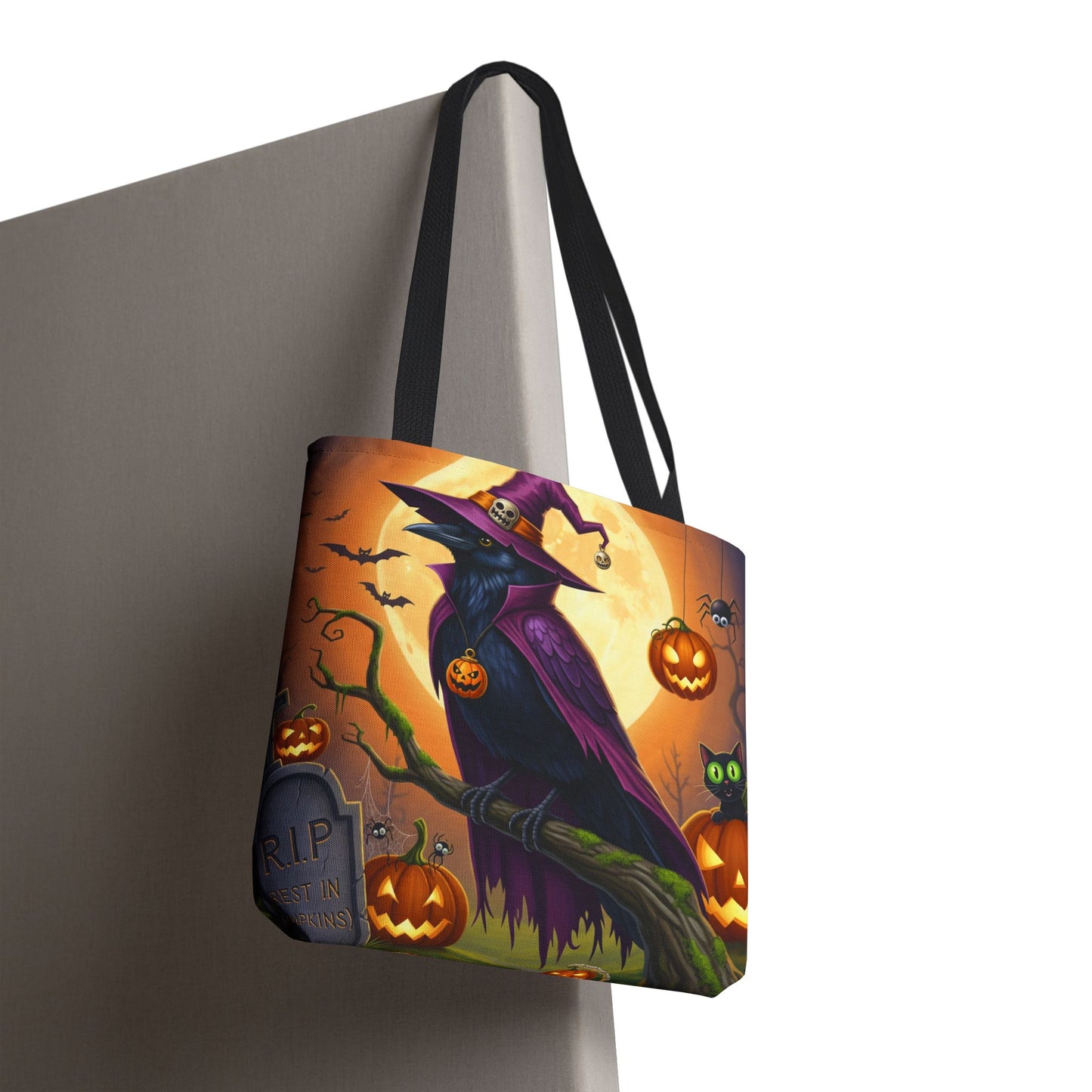Halloween Raven Tote Bag: Purple Cape & Witch Hat | 16"x16" Polyester | Bird Decor Accessory