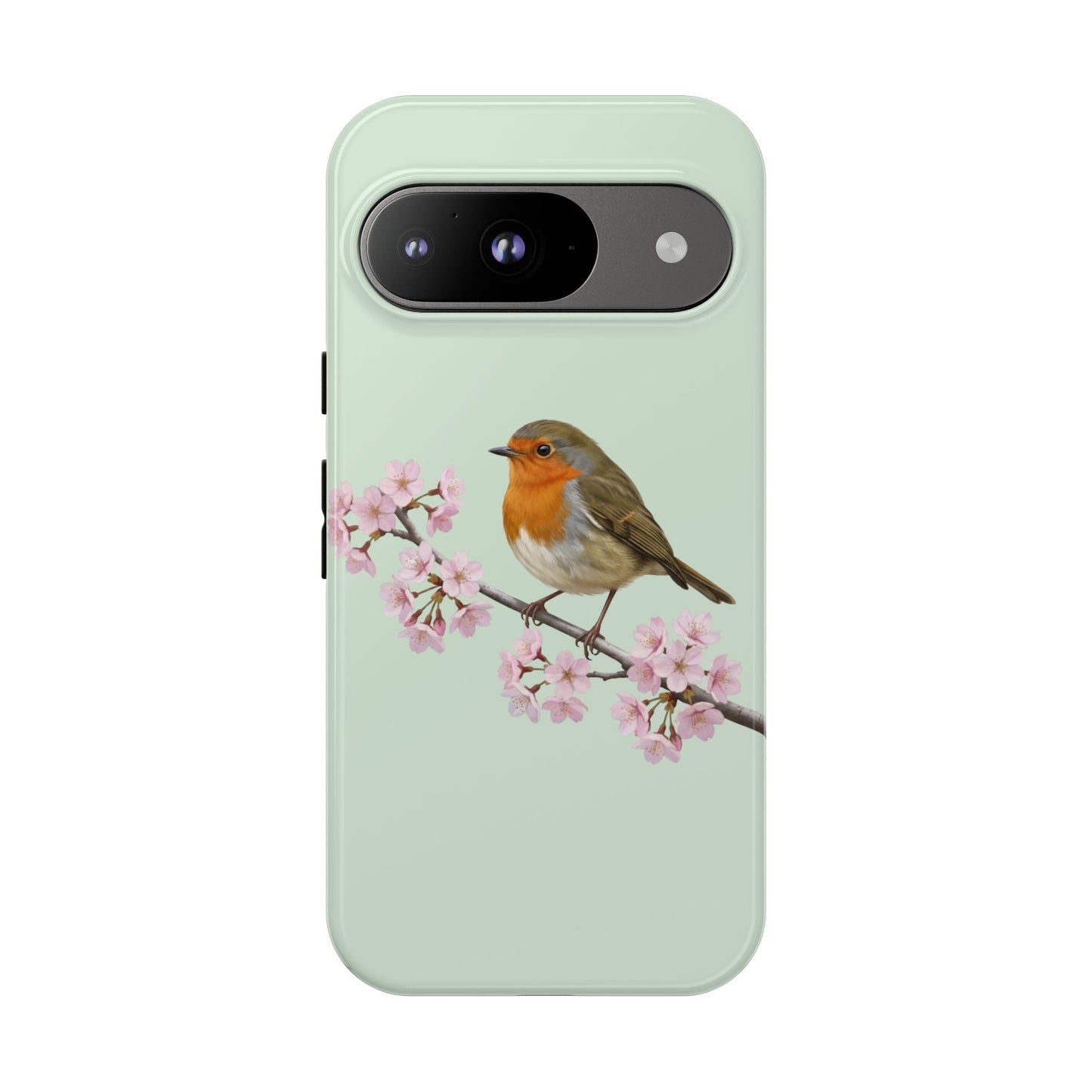 Rotkehlchen Handyhülle in Salbeigrün | Florales Kirschblüten Vogel-Motiv für iPhone & Google Pixel