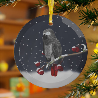 Grey Parrot on a Winter Branch Christmas Bird Glass Ornament