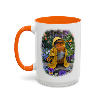 Robin Rosi Yellow Raincoat Garden Premium Mug for Bird Lovers