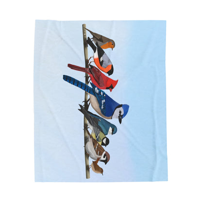 Blue Jay Cardinal Robin Bullfinch Backyard Birds on a Branch Velveteen Plush Blanket Blue