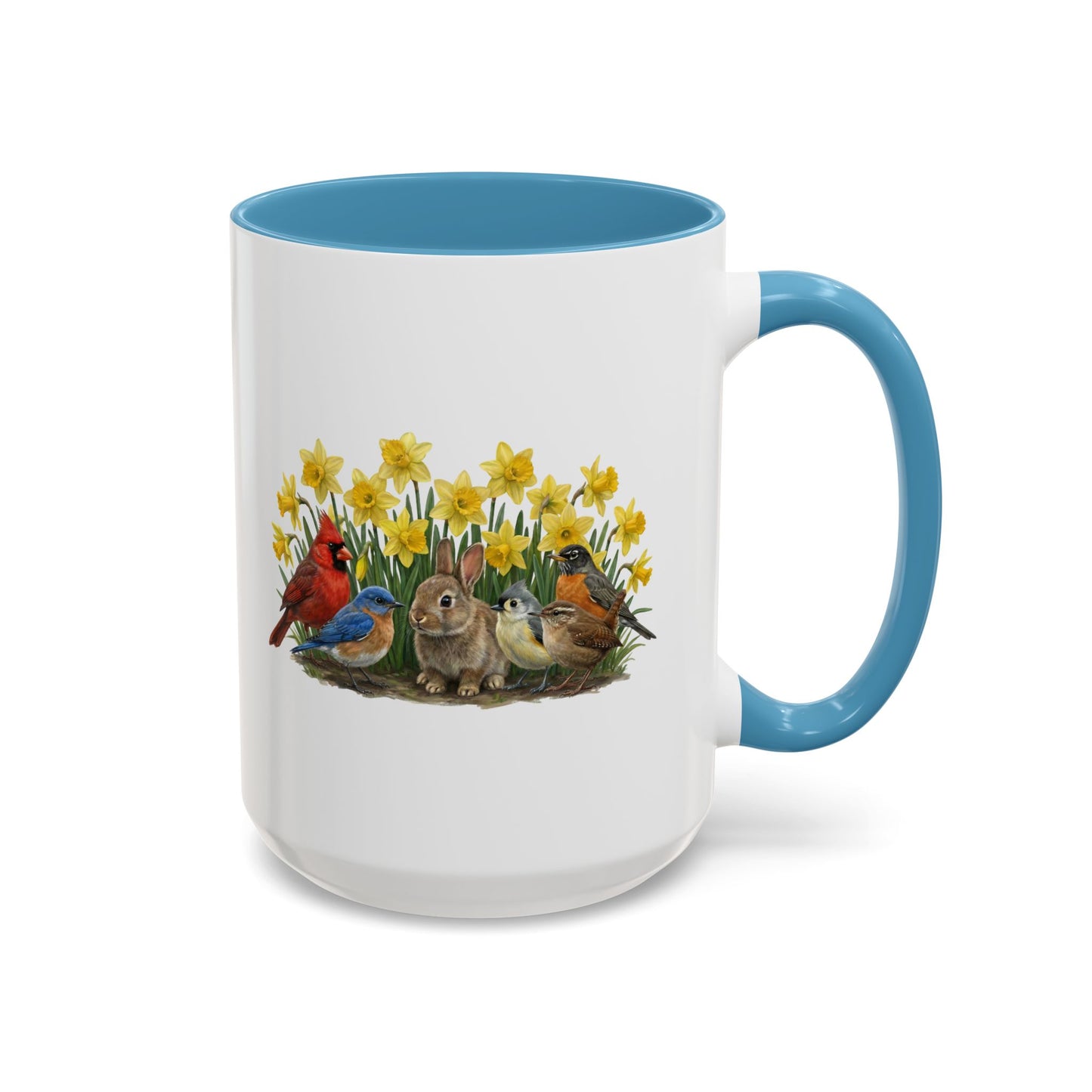 Spring Garden Coffee Mug – Cardinal, Bluebird & Bunny in Daffodils | Two-Tone Ceramic Cup (11oz & 15oz)