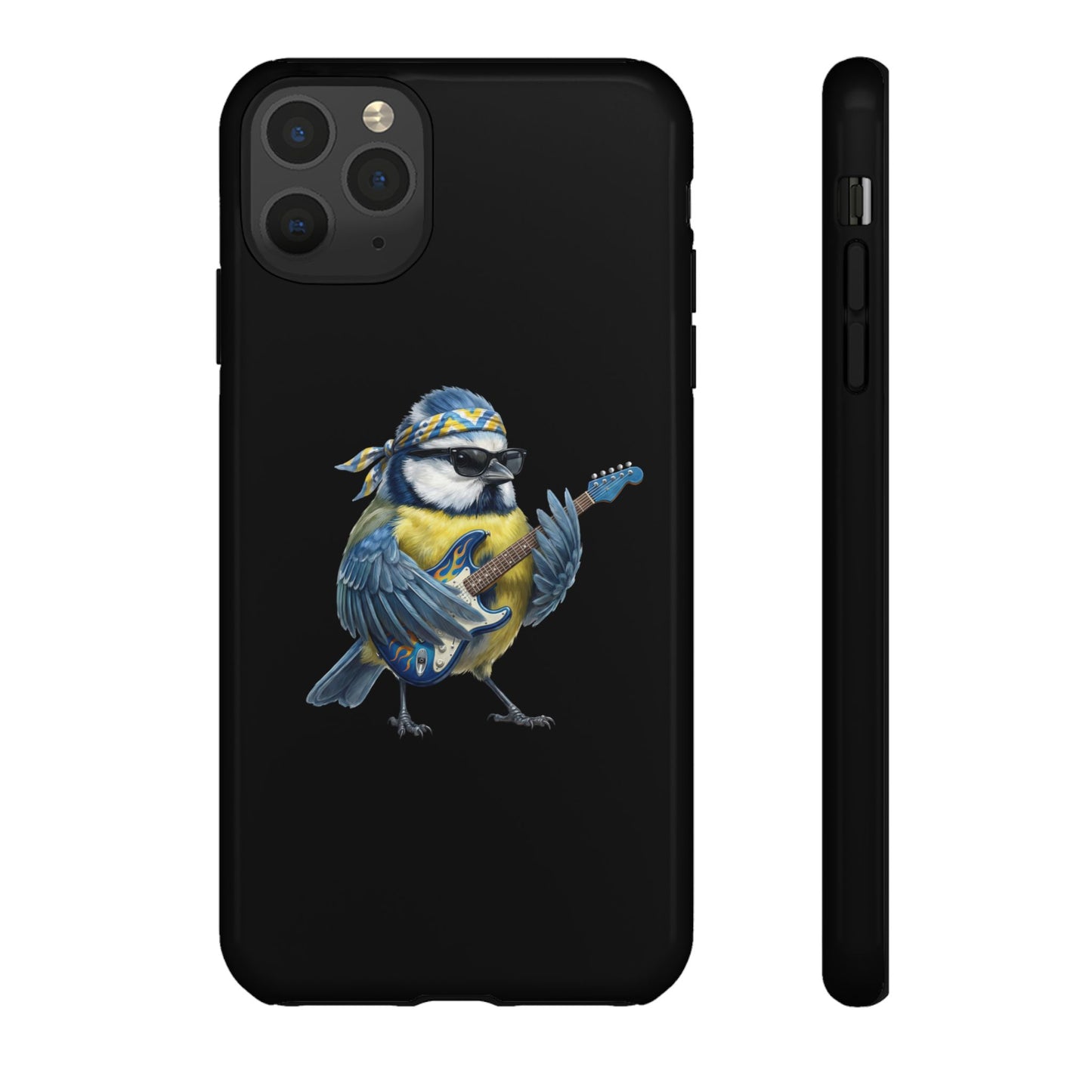 Blaumeise mit Gitarre Premium Handyhülle – Doppelt Geschützt & Rundum Bedruckt Schwarz
